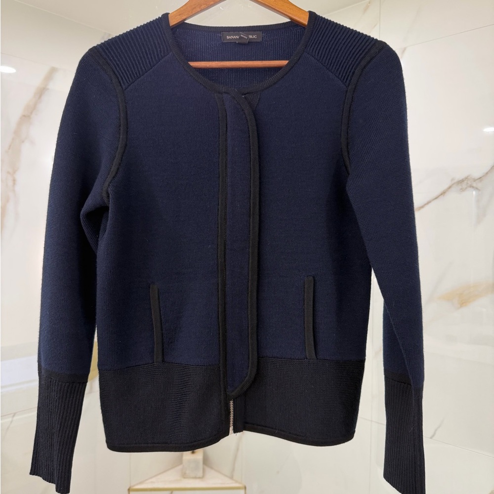 Banana Republic Merino Wool Blend Zip Sweater Jacket Navy S Pockets